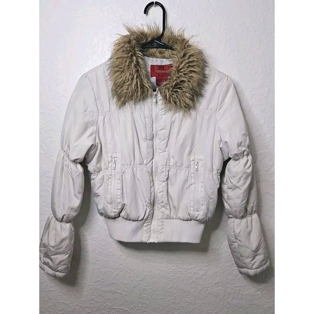 Vtg Paris Blues Jacket Sz Lg Faux Fur Collar Zip Up Y2K Pockets Short READ